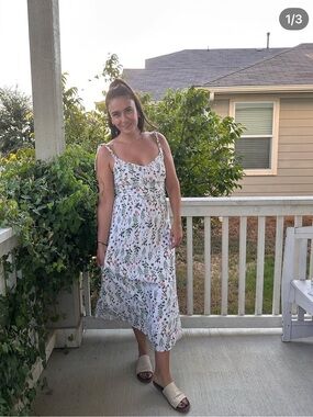 Floral Print White Midi Sundress with Spaghetti Straps